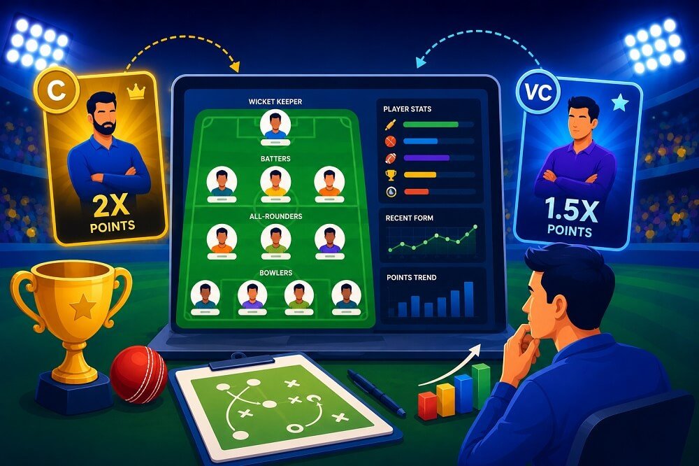Comparison of a fantasy sports team with common beginner mistakes and an optimized lineup with player analytics and captain selection.