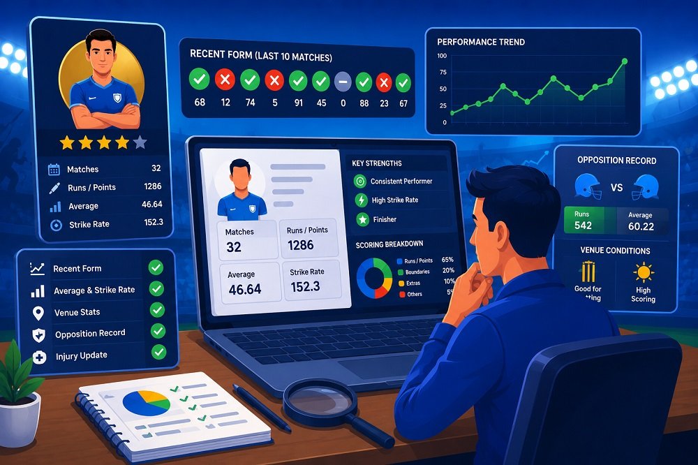 Sports analyst reviewing fantasy player form using performance charts, statistics, and match analytics before selecting a fantasy team.