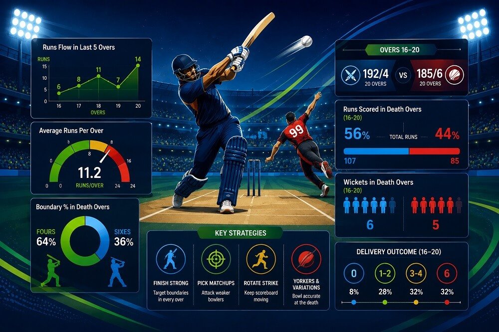 Death overs cricket analytics showing yorker accuracy, batting strike rate, bowling economy, field placements, and scoring trends.