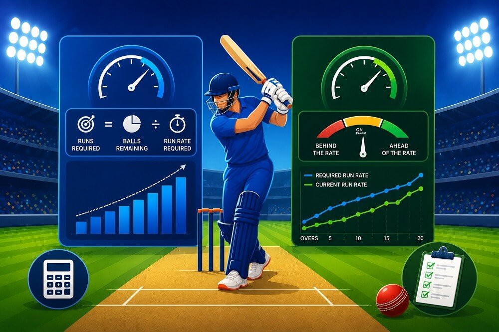 Cricket analytics dashboard showing required run rate, current run rate, score progression, partnerships, and live match statistics.